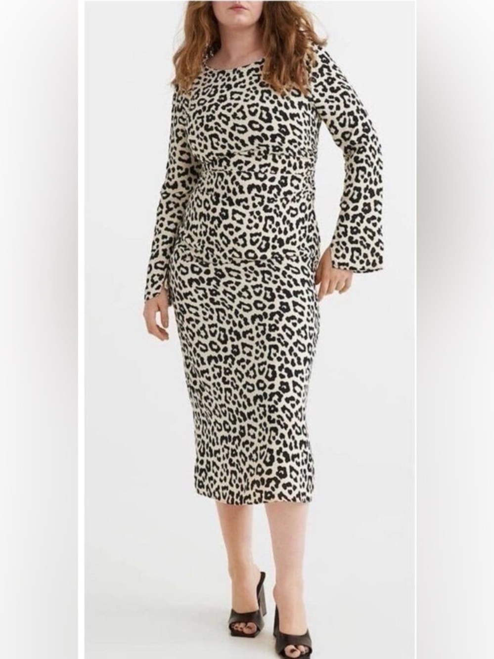 H&M Fitted Midi Long Sleeve Dress in Woven Leopard Print Fabric with Open Back